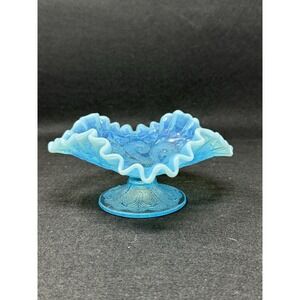 Dugan Blue Opalescent Question Marks Pedestal Bowl Carnival Glass Vintage